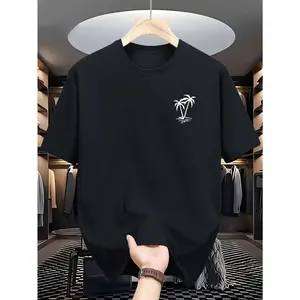 Unisex Cotton T-Shirt |     Vintage Style |     Navy Blue with Geometric Palm Tree Design |     Loose Fit, Round Neck |     Breathable & Comfortable |     All-Season Wear |     Ideal for Casual and Sports Activities, Allseason Apparel |     Geometric Patt