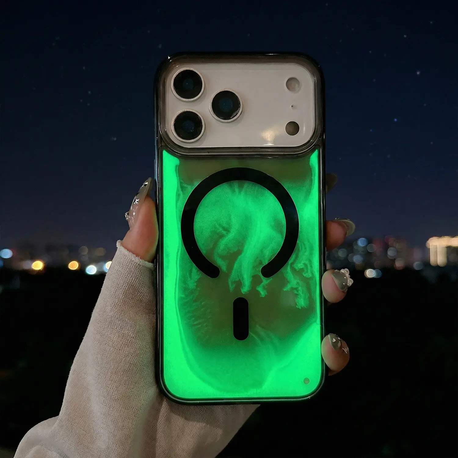 Luminous Glitter Quicksand Phone Case for iPhone 17 16 15 14 13 Pro Max, Floating Liquid Sparkle Bling Glow in The Dark Clear Shockproof Protective Phone Cover