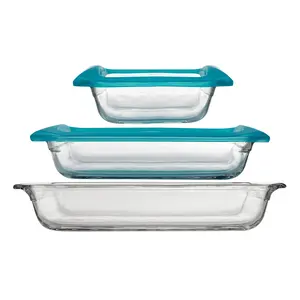 Libbey Baker’s Premium 5 Piece Glass Bakeware Set, Includes 10x14, 9x13 with Lid, and 8x8 with Lid, Stackable with GreatGrip™ Handles