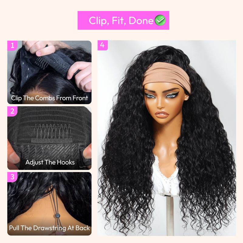UNice Zero Stress Upgrade Water Wave Headband Wig Human Hair with Drawstring Glueless No Slipping Secure All Day Wigs for Beginners Friendly