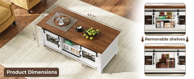 IRONCK 48'' Coffee Table with Sliding Barn Doors, Rustic Center Table with 6 Large Storage Space, Glass Doors and Adjustable Middle Shelf, Farmhouse Coffee Tables for Living Room