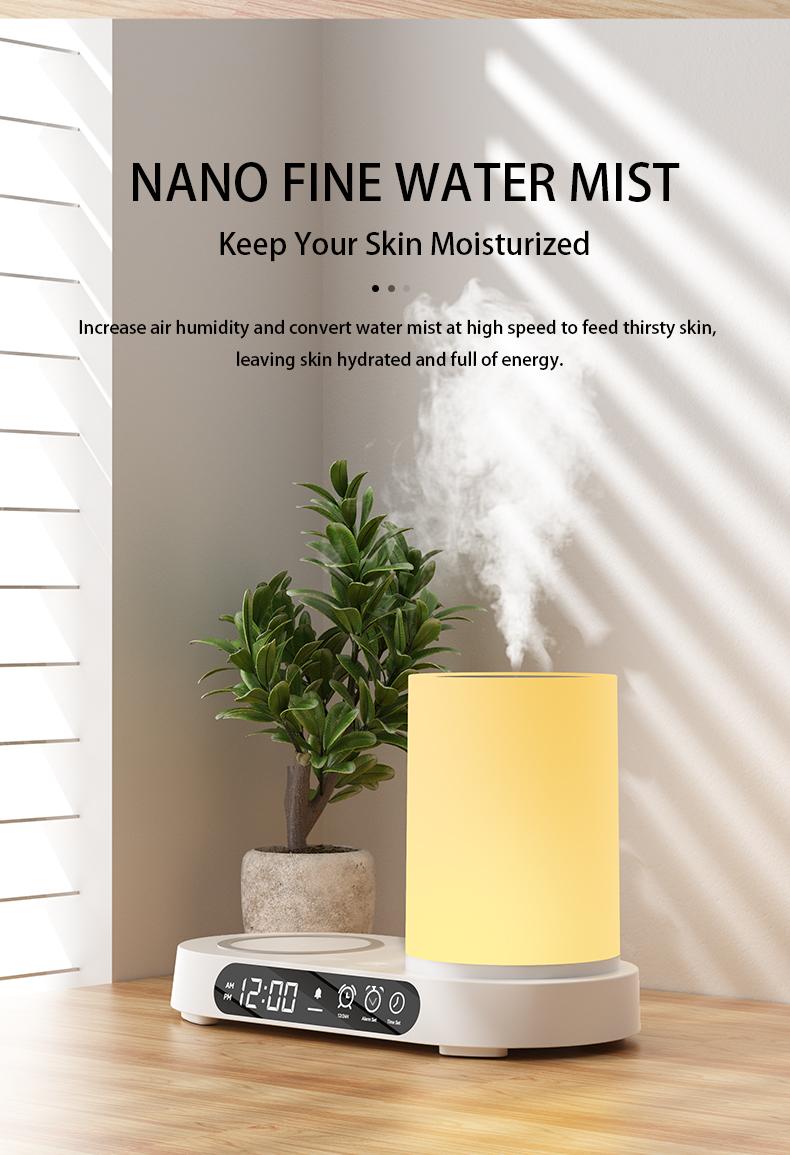 【CLEARANCE SALES】DOMEIU Multi-function automatic shut-off air humidifier bedroom chargers , aroma diffuser,  wireless charging, Bluetooth speaker. 7 color light, alarm clock,  Automated Aromatherapy .Limited-time flash sale products