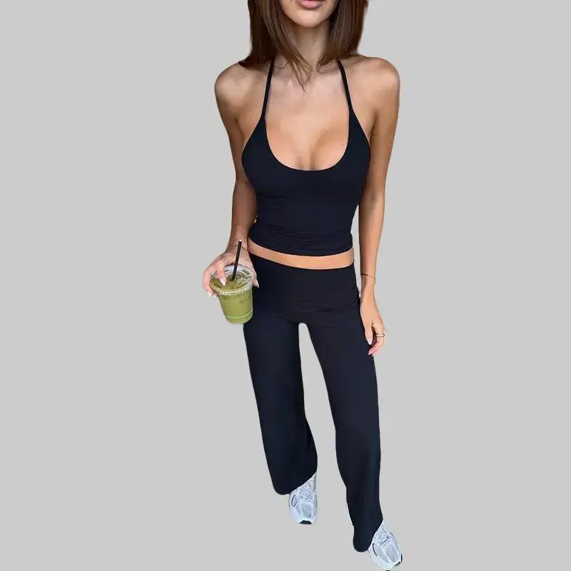Solid Color Halter Neck Cami Top & Straight Leg Pants Two Piece Set for Women's 2025 Fall & Winter New Slim Fit Casual Homewear Sports Comfortable Versatile for Lounging Workouts Errands Pants Suit