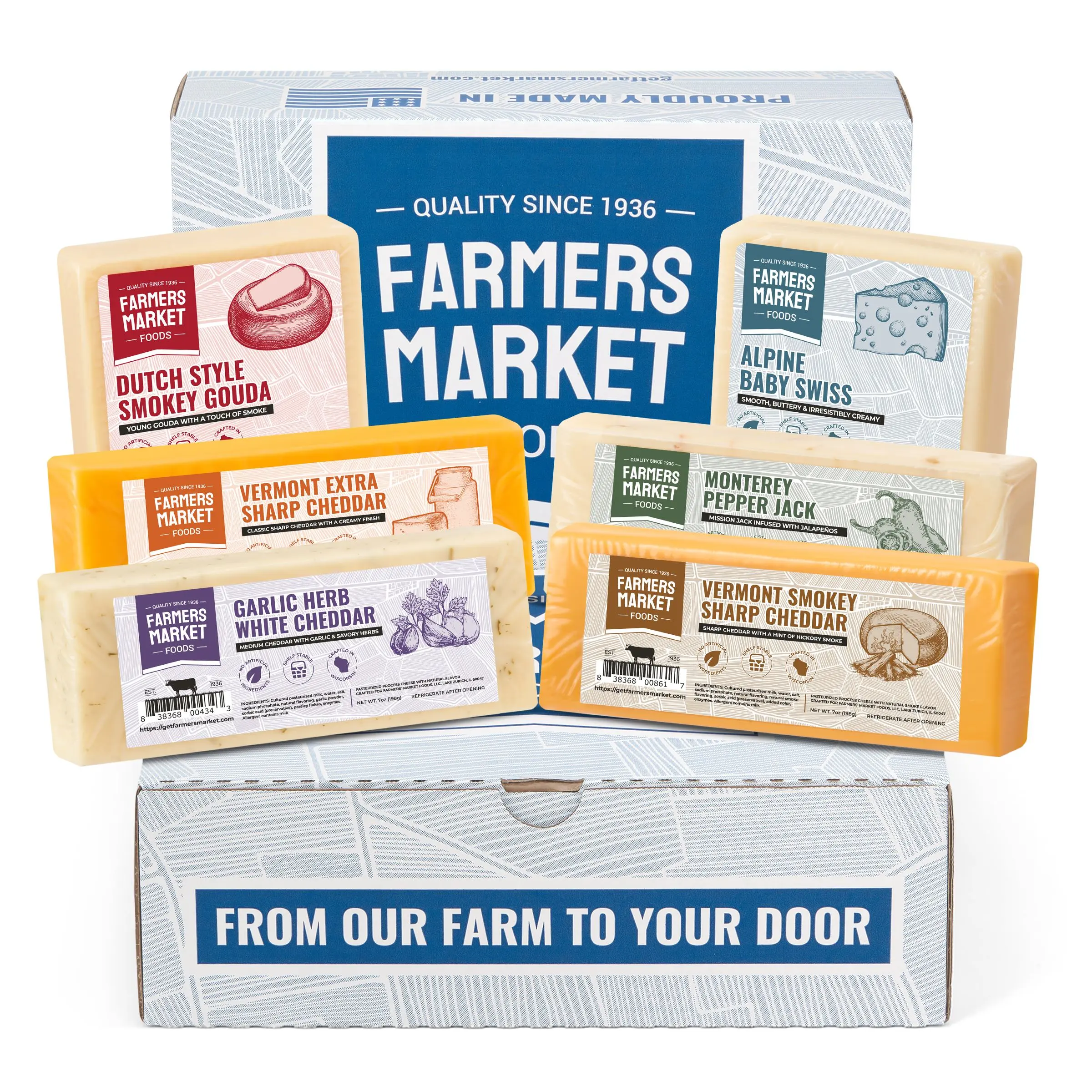 Farmers Market Foods Dairy Cheese Block Assortment Gift Set, 6-Pack with Variety Cheese Flavors, Cheese Flavor