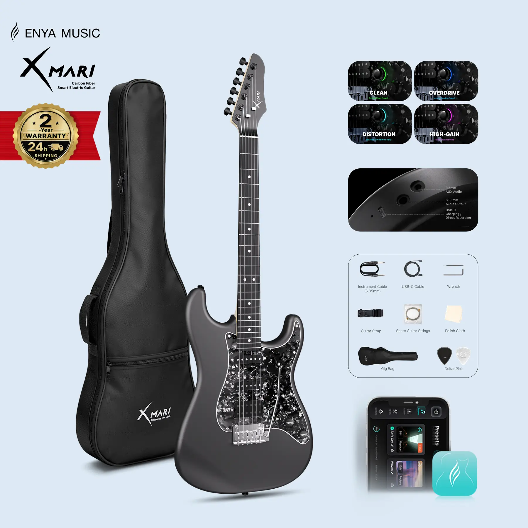 【Zero-Gear Rocker】Xmari Smart Electric Guitar with Built-in DSP Effects, 4 Presets, USB-C OTG Recording, Headphone Output, Alnico Pickups w/Coil Split, Carbon Fiber Body, Gig Bag, Strap, Cable & Picks 24-Hour Shipping 2-Year Warrant DealsForYouDays