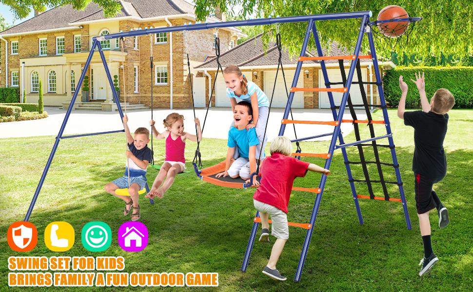 Swing Sets for Backyard 700 lbs - 6 in 1 Multifunction Swing Set Outdoor for Kids Playground, Larger Heavy Duty Metal Swing Stand with 3 Adjustable Swings, Climbing Ladder and Net, Basketball Hoop Swing Sets for Backyard 700 lbs - 6 in 1 Multifunction Swing Set Outdoor for Kids Playground, Larger Heavy Duty Metal Swing Stand with 3 Adjustable Swings, Climbing Ladder and Net, Basketball Hoop