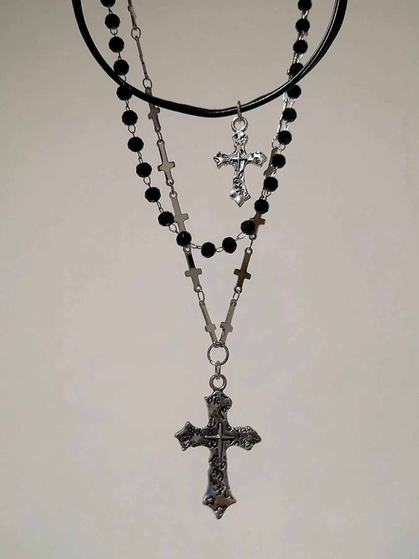 Gothic Dark Cross Leather Beaded Layered Drop Pendant Necklace, Vintage Punk Party Jewelry, Unique Women's Fashion Accessory, Bold Statement Piece, Gothic Mystery Jewelry, Accessory Beaded Chain, Grunge Cross Necklace, Cross Design Necklace
