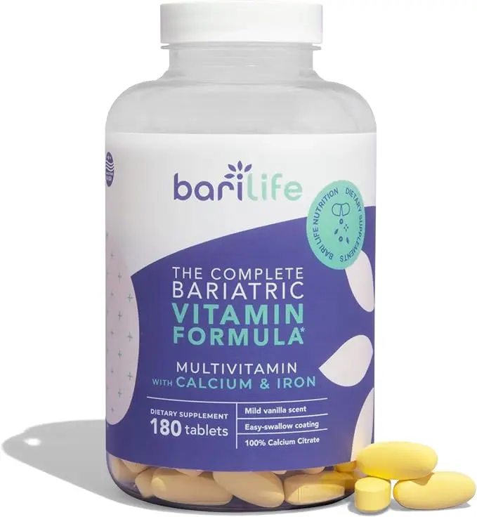 Bari Life Complete Bariatric Multivitamin Edible Dietary Supplement Non-Chewable Tablets - with Calcium Citrate, Iron - 180 Tablets/Bottle for Post-Op Weight Loss Support