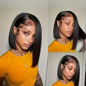 Glueless Staight Short Bob Wig 4x4 Pre Plucked Hairline Pre-Cut  Lace Wig 180% Density HD Transparent Lace Closure Wigs Human Hair for Black Women Short Straight Bob Wigs No Glue Lace Closure Wigs Beginner Friendly Gift for Girlfriend/Wife/FamilySpringtok