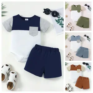 Ready Stock 1-18M Baby Boys Summer Outfits Color Block Short Sleeve Romper Elastic Shorts 2Pcs Clothes Set 122403302