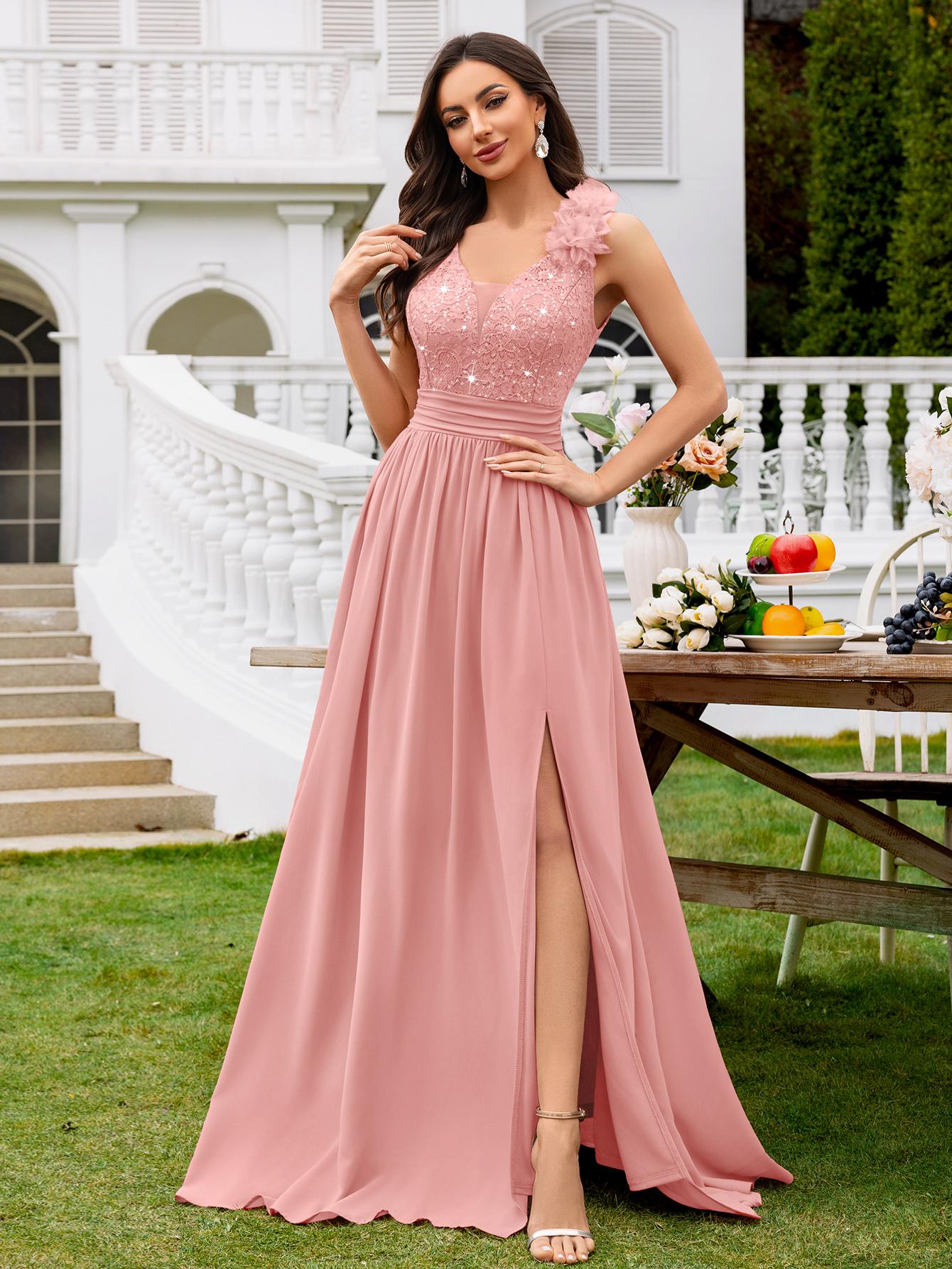 Miusol 24451A Women's Elegant Deep V Neck Sequin Lace Chiffon Maxi Party Dress Sleeveless Ruched Split Thigh Formal Evening Ball Gown for Wedding Guest Prom Graduation Bridesmaid Bridal and Spring or Summer Cocktail Party Event SpringStatements