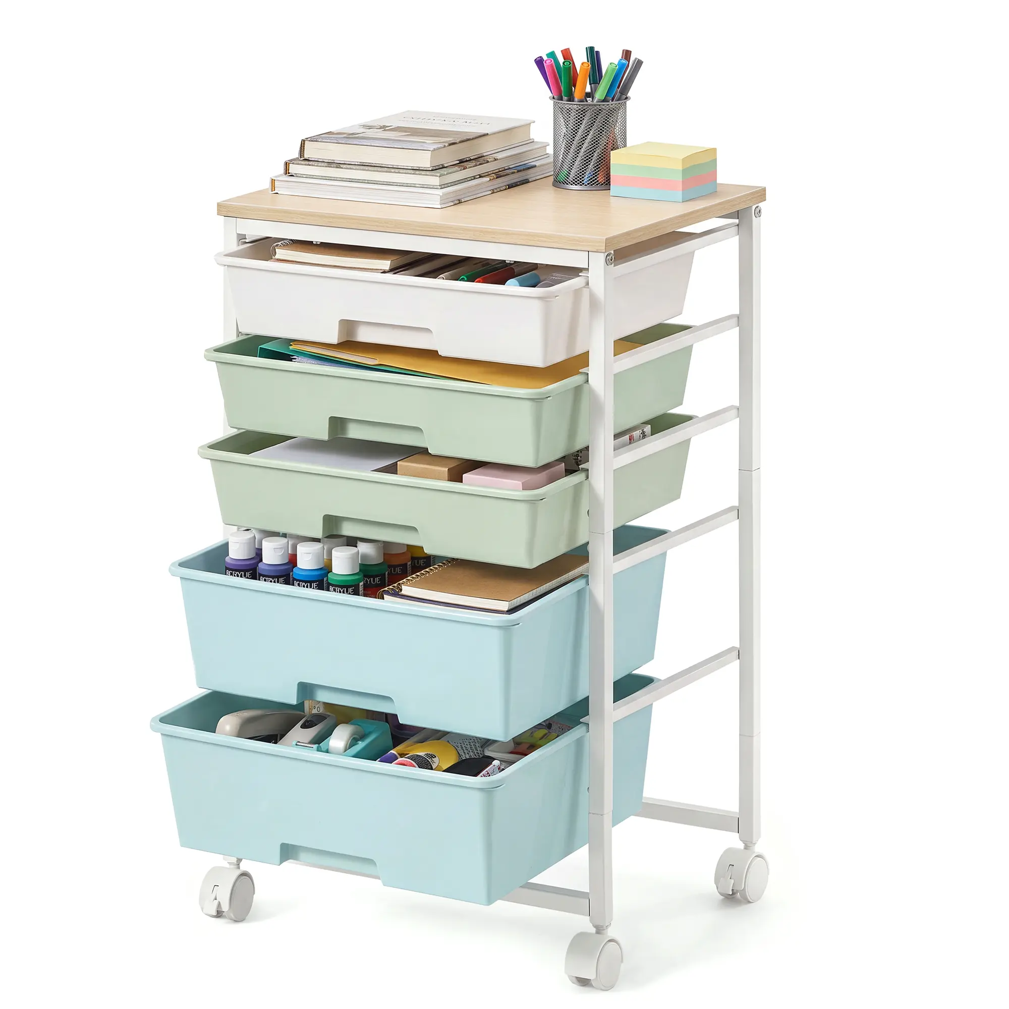 VASAGLE 5-Drawer Rolling Storage Cart, Mobile Organizer Trolley with Wood Top and Metal Frame, for Craft Room, Office, 15.6 x 11.2 x 24.8 inch