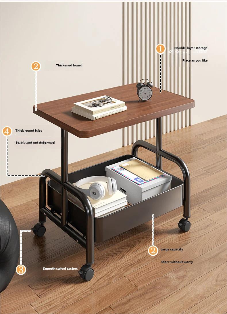 Movable Double-layer Tea Trolley/Side Table with Wheels for Living Room Sofa Storage, Bedroom Shelf, and Small Table