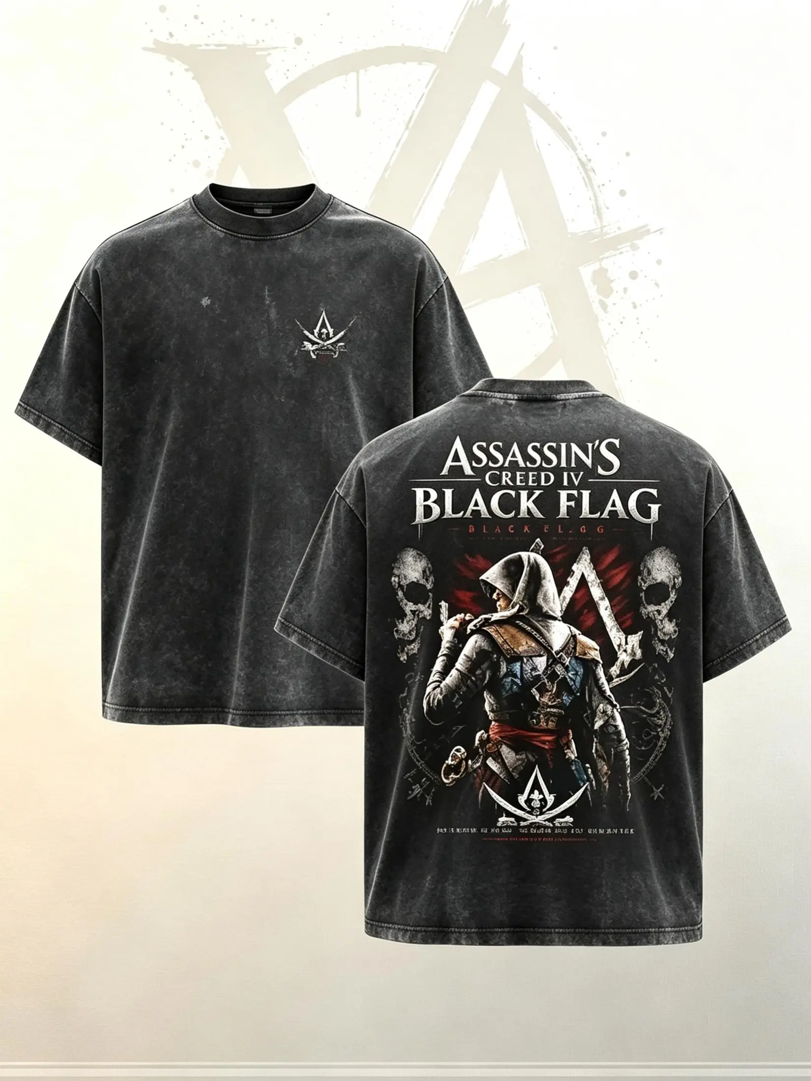 [AVT] Assassin's Creed IV Black Flag Edward Kenway Pirate Skull Graphic Tee - Vintage Acid Washed Oversized Faded Black Grunge Streetwear T-Shirt for Men - Gamer Merch Gift, Summer Outfits Menswear Top