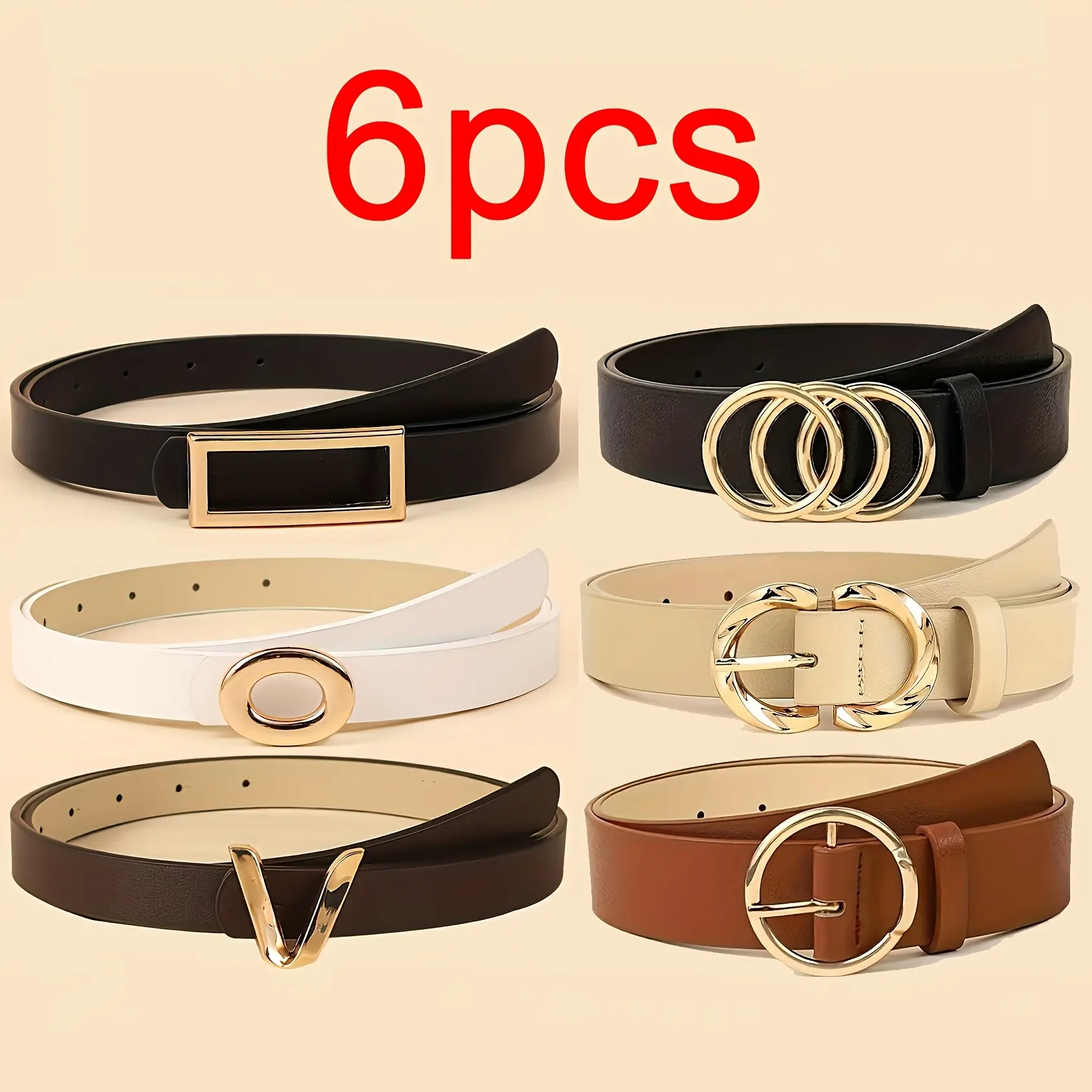 SHIFFRINKEN Women's 6-Piece Adjustable PU Leather Waist Belt Set - Hook Buckle, Solid Color, Color-Coordinated Stylish Accessory for Daily Commuting, Casual, Basic Beige Outfits, Leather Belts, Adjustable Belt