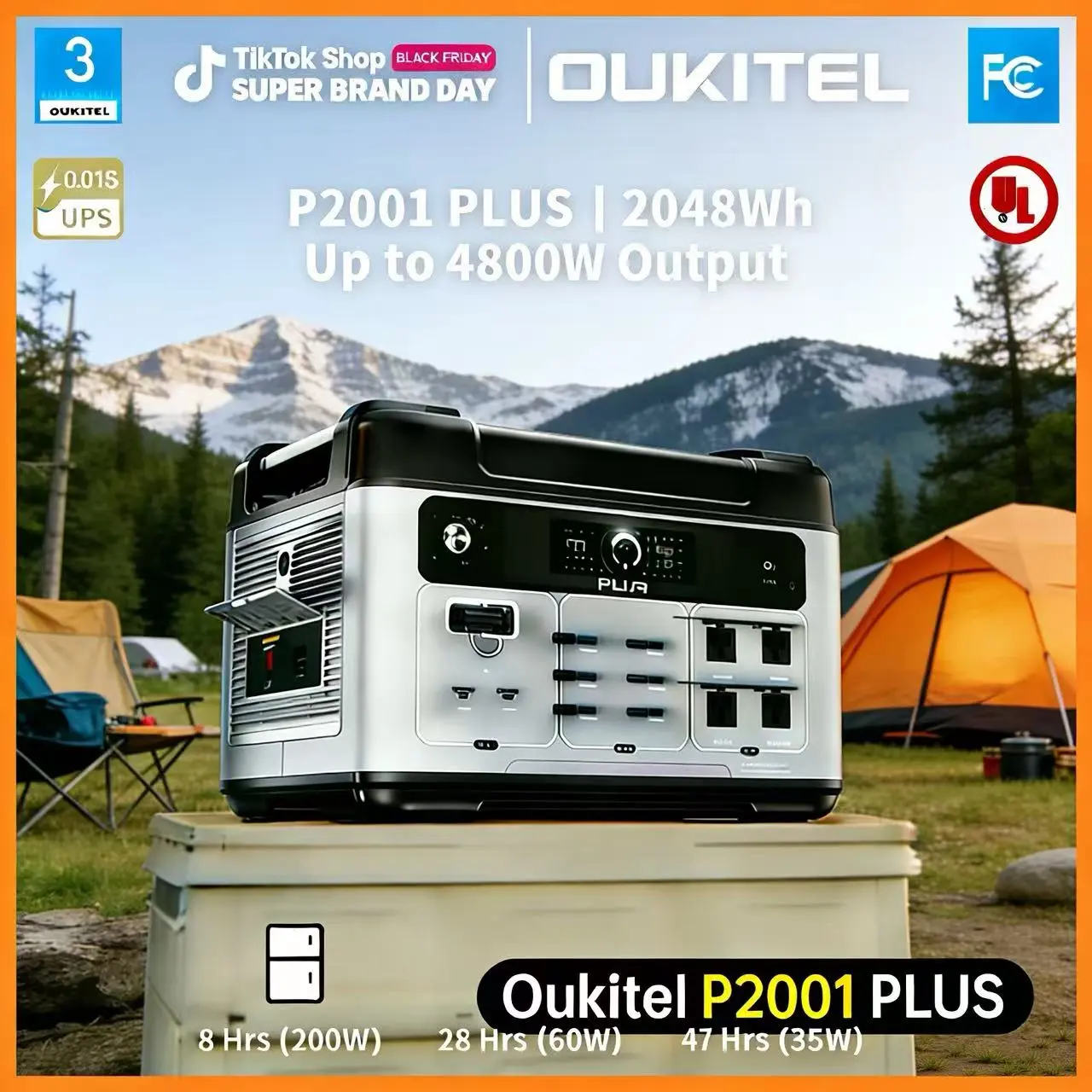 OUKITEL P2001 PLUS2048Wh Camping Power Station with AC Outlets for Mini Fridge Projector USB-C Folding Panel 1-Hour Fast Charge for Camping & Emergency Power cycle deep home outdoor travel