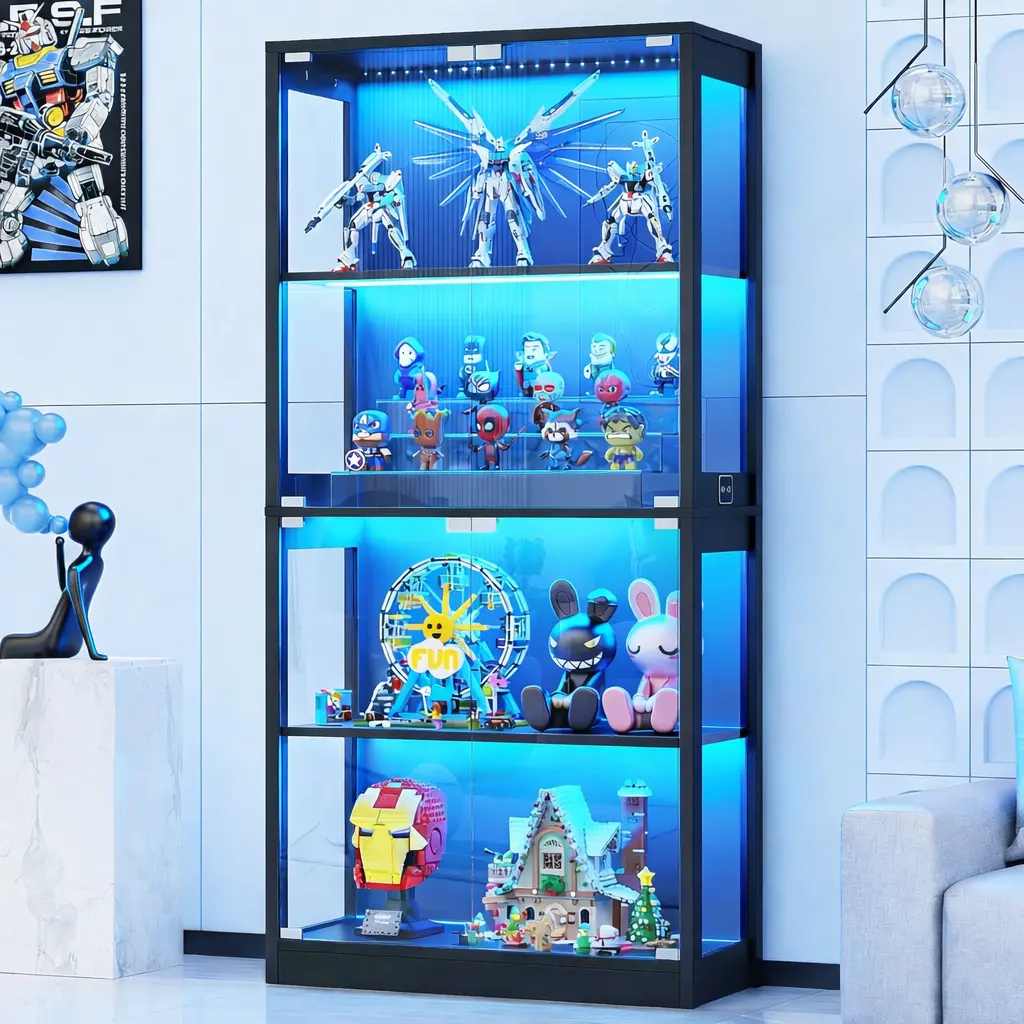 Modern 4-Tier Glass Door Display Cabinet - Tempered Glass, Human Body Motion Sensor, 3 Dynamic LED Lighting Modes, 7 Vibrant Colors, Handleless Design, Curio Trophy Collectibles Showcase, Minimalist Home Decor, Assembly Required, After-Sales Guarantee, 3