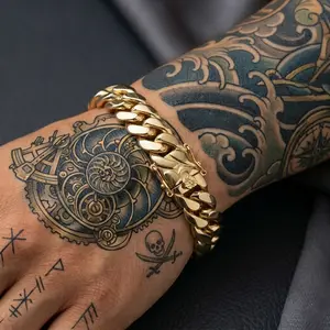 MEN'S HIGH-END BRASS BRACELET 14K STAMPED GOLD FINISHED HIP HOP STYLE 14mm 9" THICK CUBAN CHAIN BOX LOCK