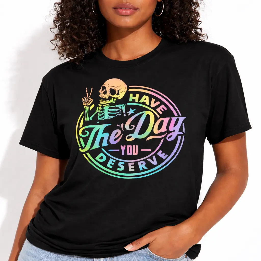 Women's Soft Cotton Short-Sleeve Teddy Skeleton Tie-Dye T-Shirt Top - Round Crewneck, Motivational "Have The Day You Deserve" Quote, Casual Everyday Piece, Spring Glow-Up Gift