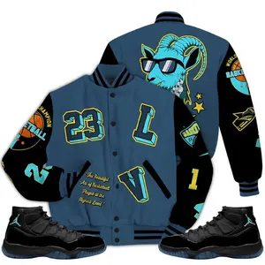Gamma Blue 11s Outfits Matching Baseball Jacket 11 Gamma Blue Varsity Jacket Black Trust No One Graffiti Streetwear Sneaker Match High-Grade Polyester