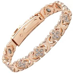 Sophisticated Rose Gold Clover Link Magnetic Bracelet with Sparkling Crystals Elegant Business Fashion Jewelry for Women Symbol of Luck