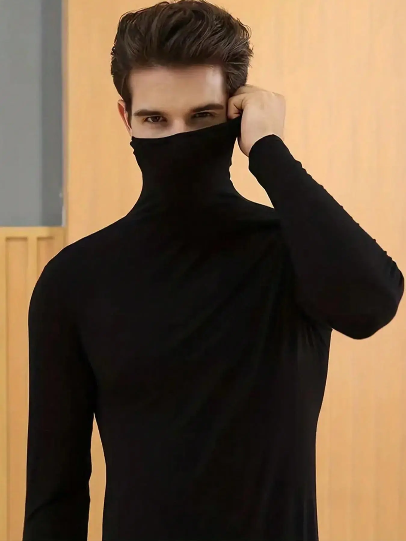 Men's Plain Turtleneck High Neck Long Sleeve Tee, Slim Casual Comfy Soft Knit T-shirt Fabric For Fall & Winter Daily Wear, Men's Clothes, Menswear, Knitwear, National Day Clothing, Knitted Shirt