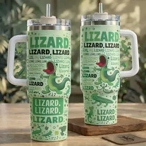 Funny Lizard Doodle Pattern Tumbler 40oz – Cute Green Gecko Cartoon Reptile Lover Gift Cup With Handle And Straw,Quirky Green Gecko Pattern Stainless Steel Cup, Aesthetic Daily Hydration Tracker,Mother's Day Gift,A gift for mom