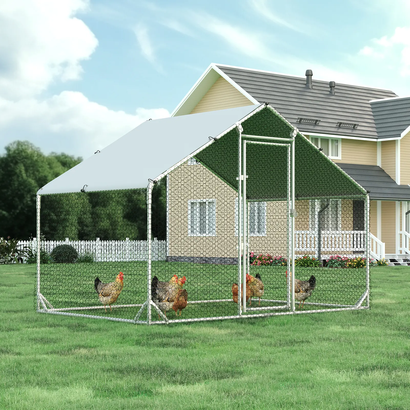 [Summerwins] HOMBCK Large Metal Chicken Coop with Run Walk-in Poultry Cage Chicken Runs House Pen Cage Spire Roofed Chicken Coops with Anti-Ultraviolet Cover for Outdoor Backyard Farm Use #summer garden,fathers day gift ideas