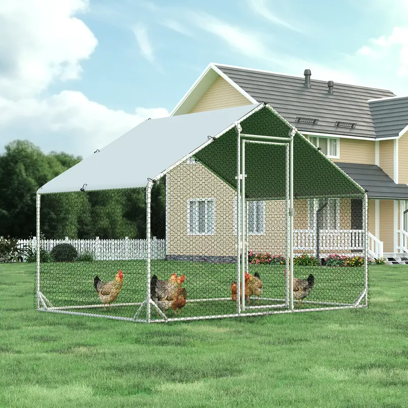HOMBCK Large Galvanized Steel Walk-In Chicken Coop Enclosure with Run, Spire Roof, Anti-Ultraviolet Cover, Predator-Safe Gaps, 8-Brace Stability, Reinforced Steel for Storm Resistance, Space for 5 Chickens/Duck, Outdoor Backyard Use#SohoChic#Homemakeover