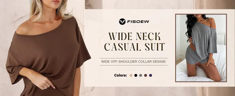 Fisoew Women's 2-Piece Lounge Set - Off-Shoulder Oversized Top & High-Waist Biker Shorts, Breathable Buttery-Soft Stretch Fabric, Casual Loungewear/Pajama Set for Home, Summer, Travel