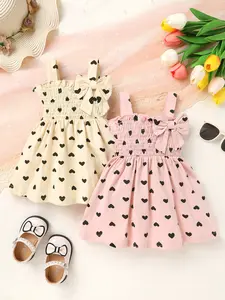 2pcs,Cute Baby girls clothes,Casual,stylish,Soft,comfortable,bow decoration, heart pattern, parallel crepe seams, and ruffled hem Princess-style dress with,Toddler girls clothes,summer for everyday wear,vacations,photo shoots,outdoor activities