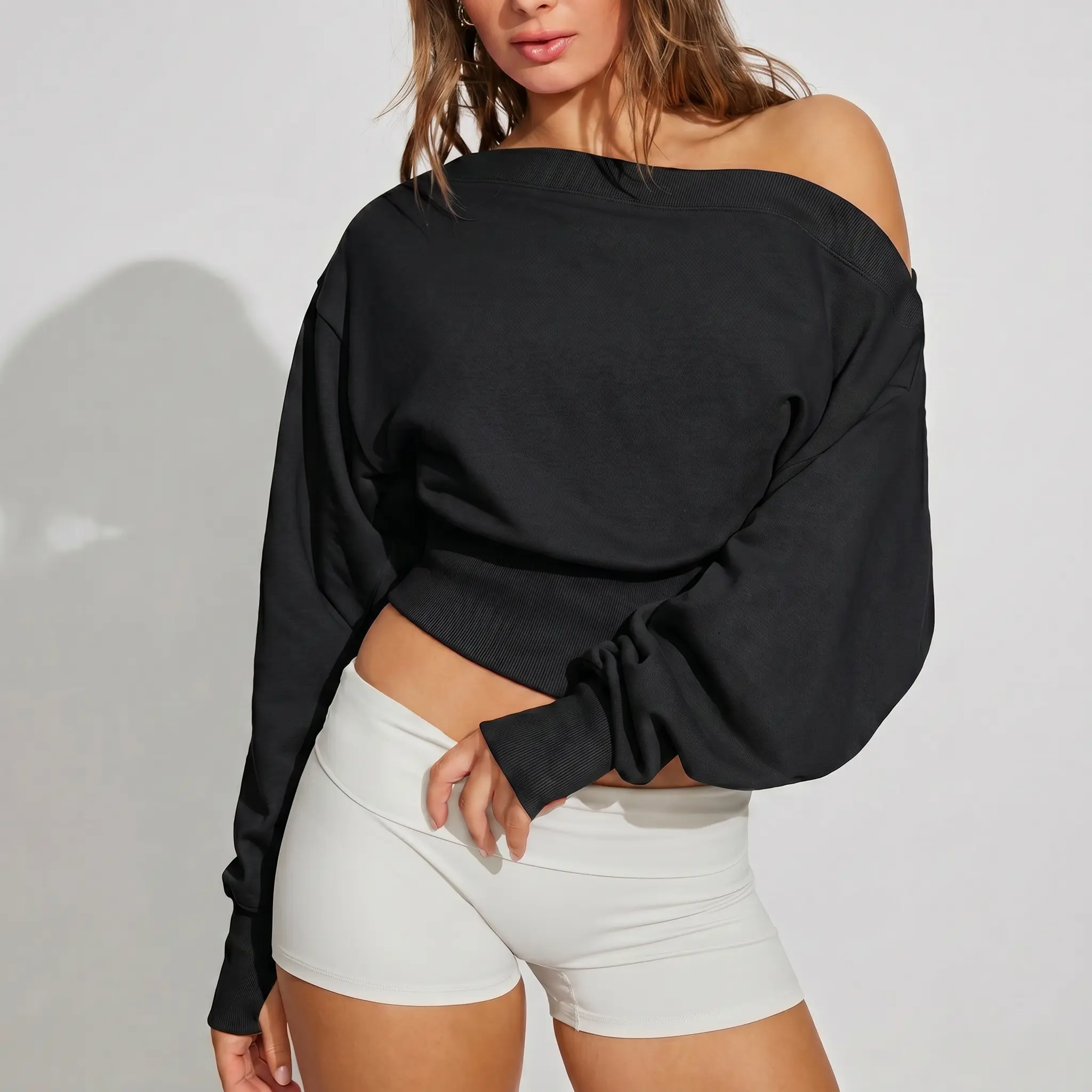 Fisoew Womens Off the Shoulder Sweatshirt Cinched Waist Crop Tops Oversized Long Sleeve Pullover Workout Shirts