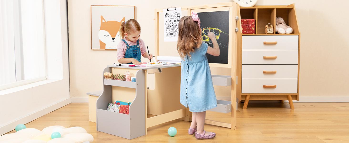 Costzon Easel for Kids, Wooden Art Center with Double-Sided Blackboard & Whiteboard, Paper Roll for Drawing, Crafts, Writing, Toddler Activity Table with Storage, Kids Table and Chair Set
