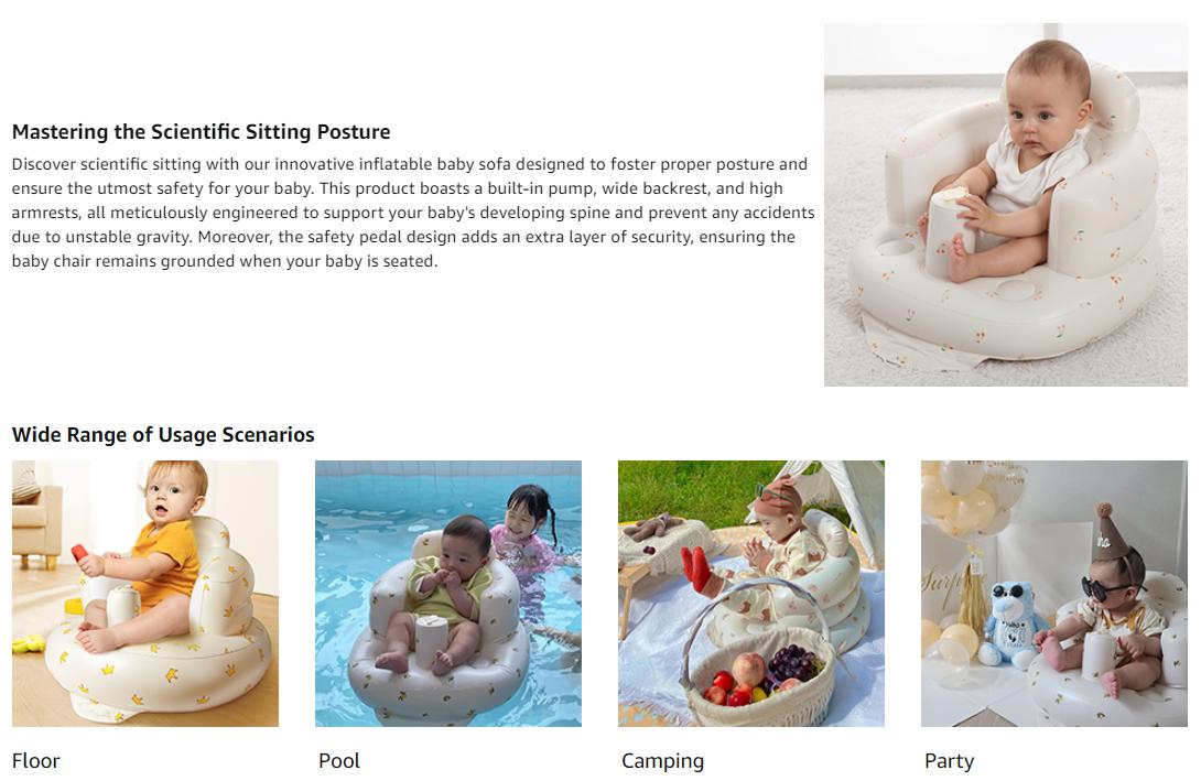EKEPE Inflatable Baby Seat - Ideal for Infants 3 Months & Up, Supportive Baby Floor Chair for Sitting Up, Features Built-In Air Pump(Without wheels) Newborn Summer Vibes, Outdoor fun