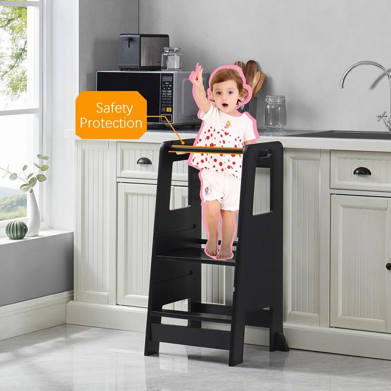 Wooden Kitchen Step Stool for Kids with Adjustable Footrest