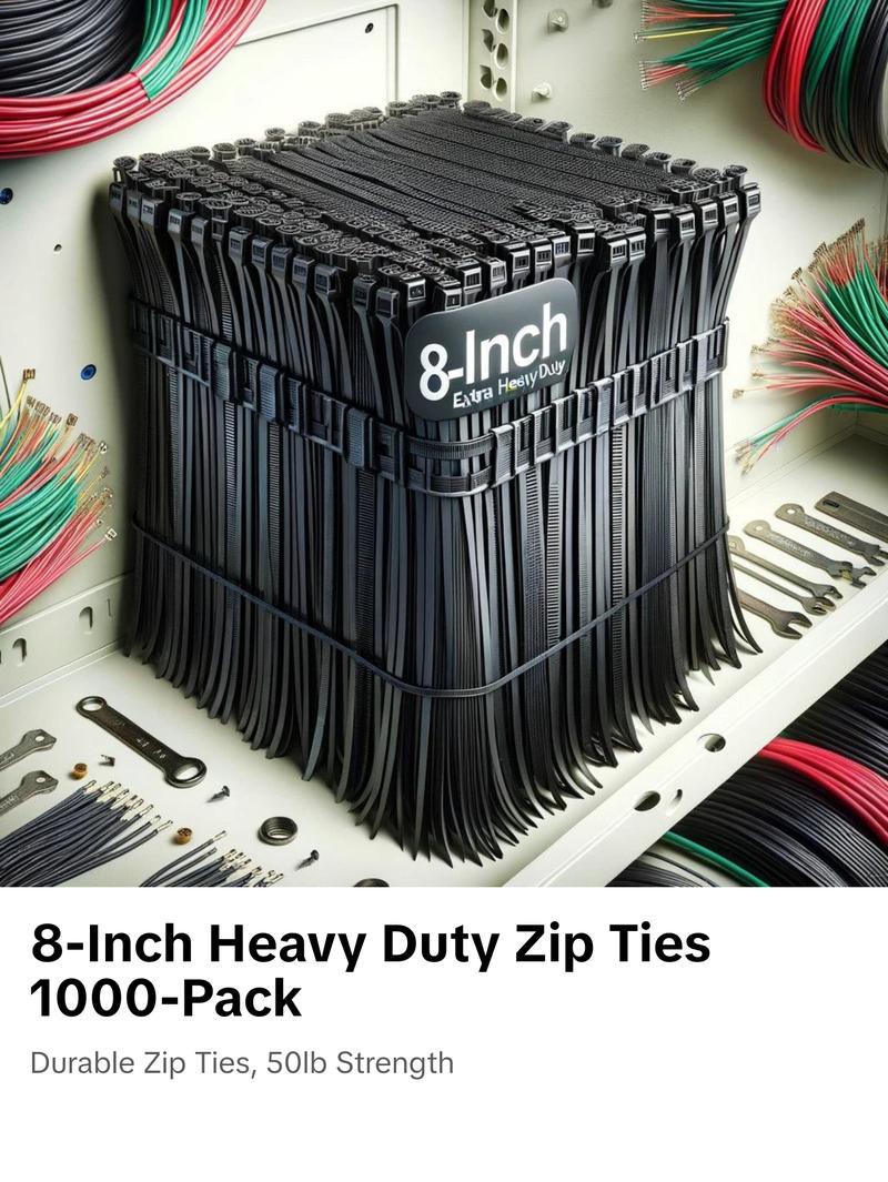 8-Inch Black Heavy Duty Zip Ties (1000-Pack) | 50lb Tensile Strength | UV Resistant Nylon 8-Inch Black Heavy Duty Zip Ties (1000-Pack) | 50lb Tensile Strength | UV Resistant Nylon