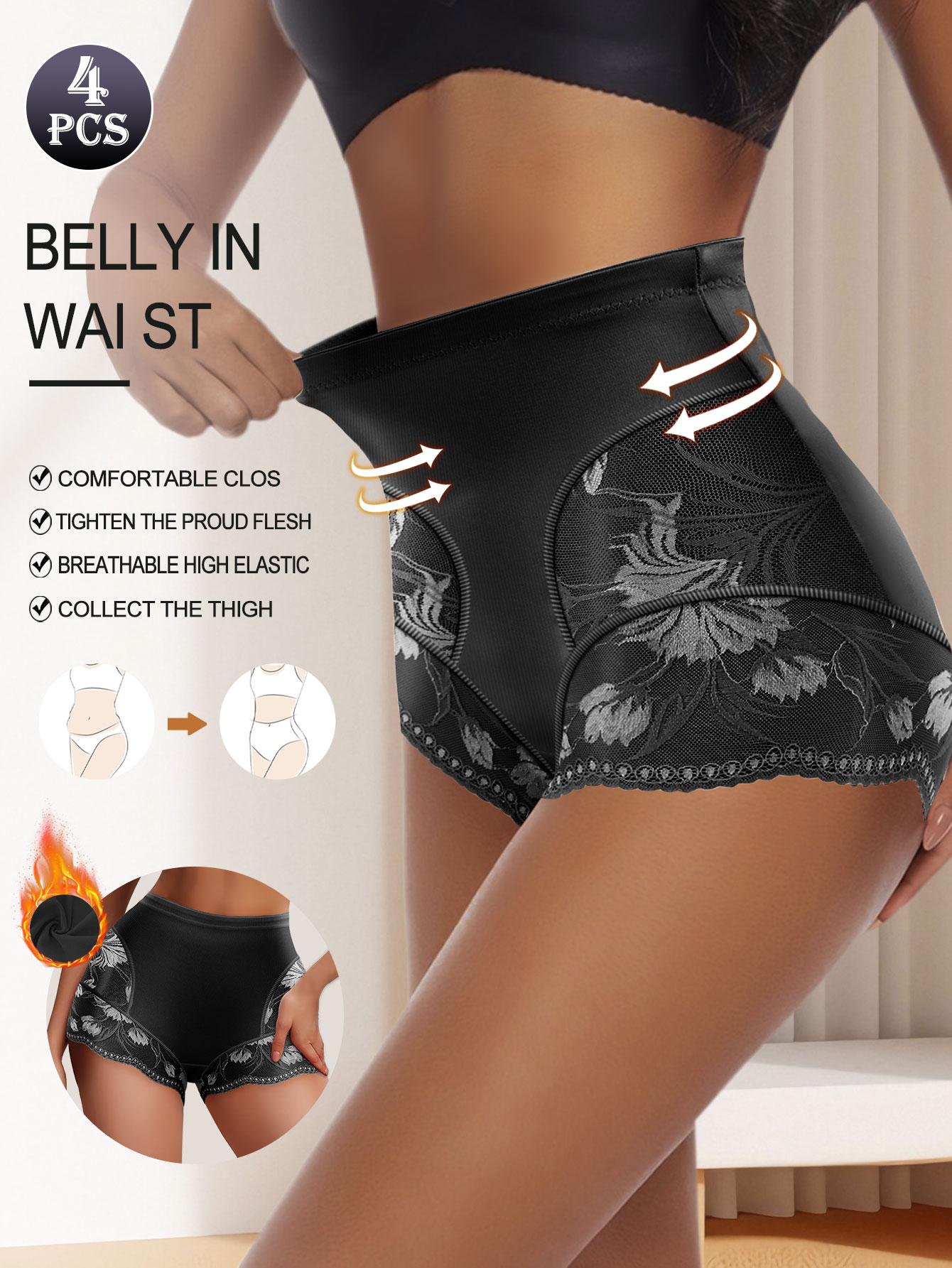 QUASTI 4PCS High-Waisted Glossy Fabric Lace Patchwork Women's Underwear, Soft Seamless Breathable Panties, Elegant Sexy Tummy Control Briefs, S-XXL SpringStatements