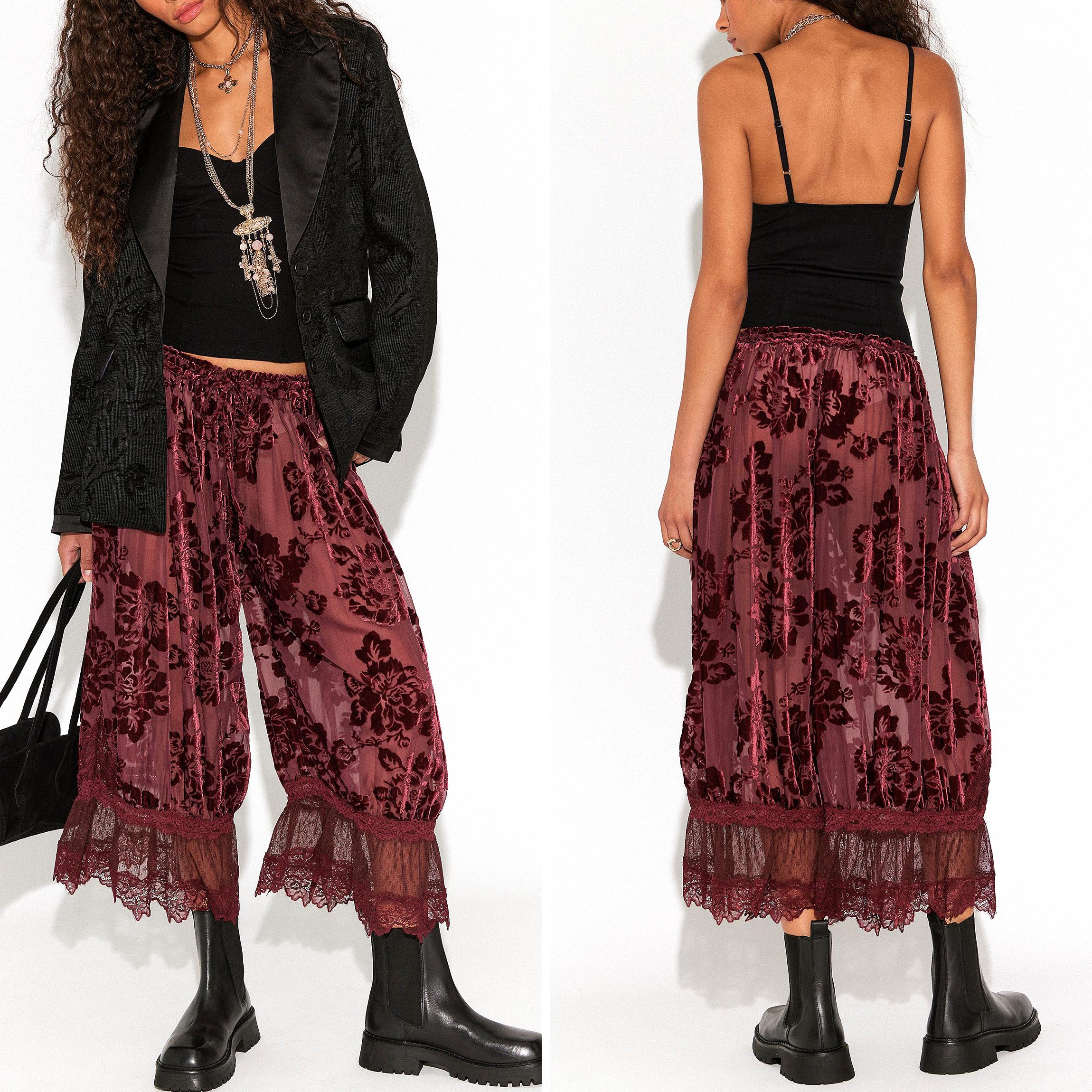 Buenoble Women's Forever Young Burnout Bloomer Pants Vintage Velvet Floral Lace Pants Soft Sheer Pull-On Pants SpringStatements