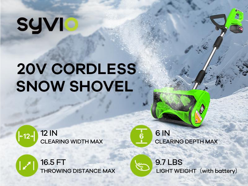 【Clearance ends in 24 hours!】Syvio/Enhulk Cordless Snow Shovel, 20V | 12-Inch | Cordless Snow Blower, Battery Powered Snow Blower with Directional Plate & Adjustable Front Handle (2*20V Battery & Dual Quick Charger Included)