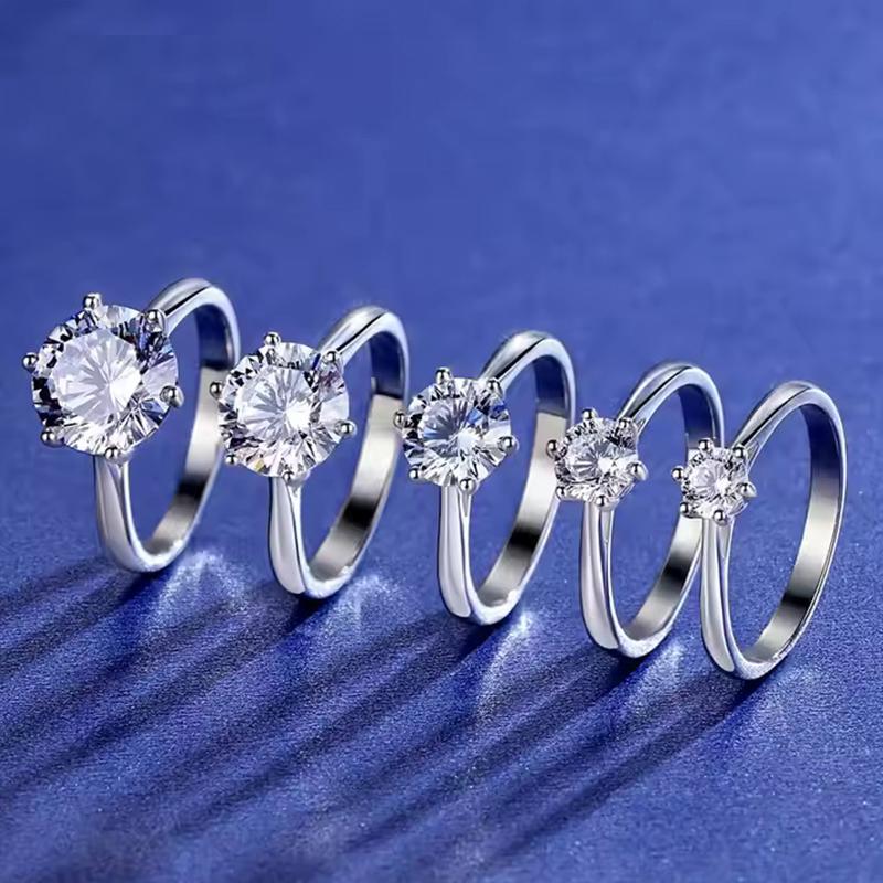 S925 1-2ct Round VVS Synthetic Moissanite Classic Six-Prong Women Ring Costume Jewelry Accessories Perfect Gifts for Engagement Wedding Anniversary
