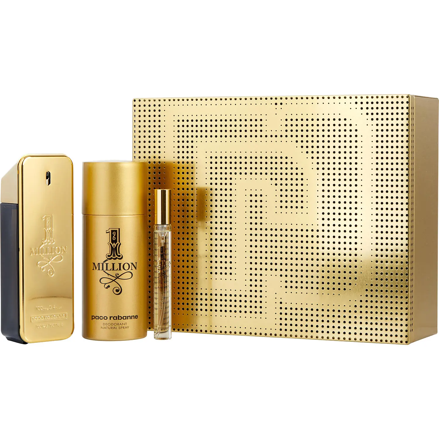 Paco Rabanne 1 Million Set-Edt Spray 3.4 Oz & Deodorant Spray 5.1 Oz & Eau De Toilete Spray 0.33 Oz Mini For Men
