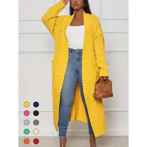 Women's solid color texture hanging shoulder pocket long cardigan, autumn and winter casual open front knitted fabric, women's daily knitted clothing, women's sweater, fashionable women's clothing, outdoor top, women's clothing, yellow