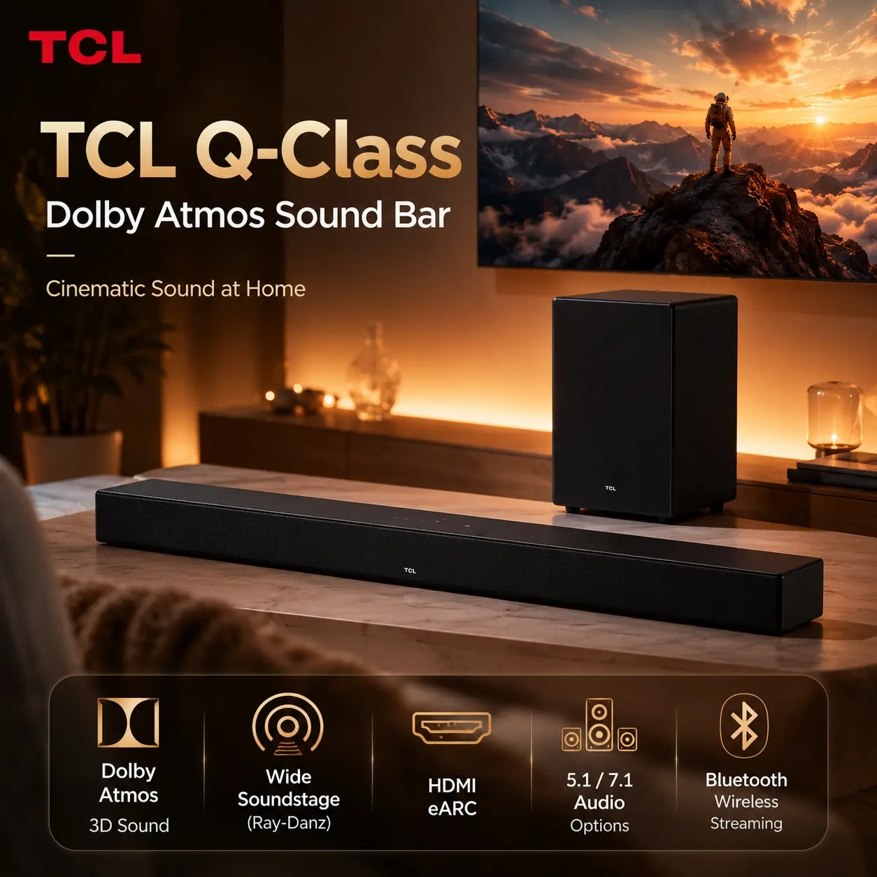 TCL Q65H/Q75H/Q85H Surround Sound Bar with Wireless Subwoofer for Smart TV, Audio System with Dolby Atmos 3D Atmos Effects, DTS:X Stereo, Bluetooth, Optical Input, HDMI ARC, Roomfilling Bass, App & Remote Control, Plug & Streaming Latest Home Cinema Model