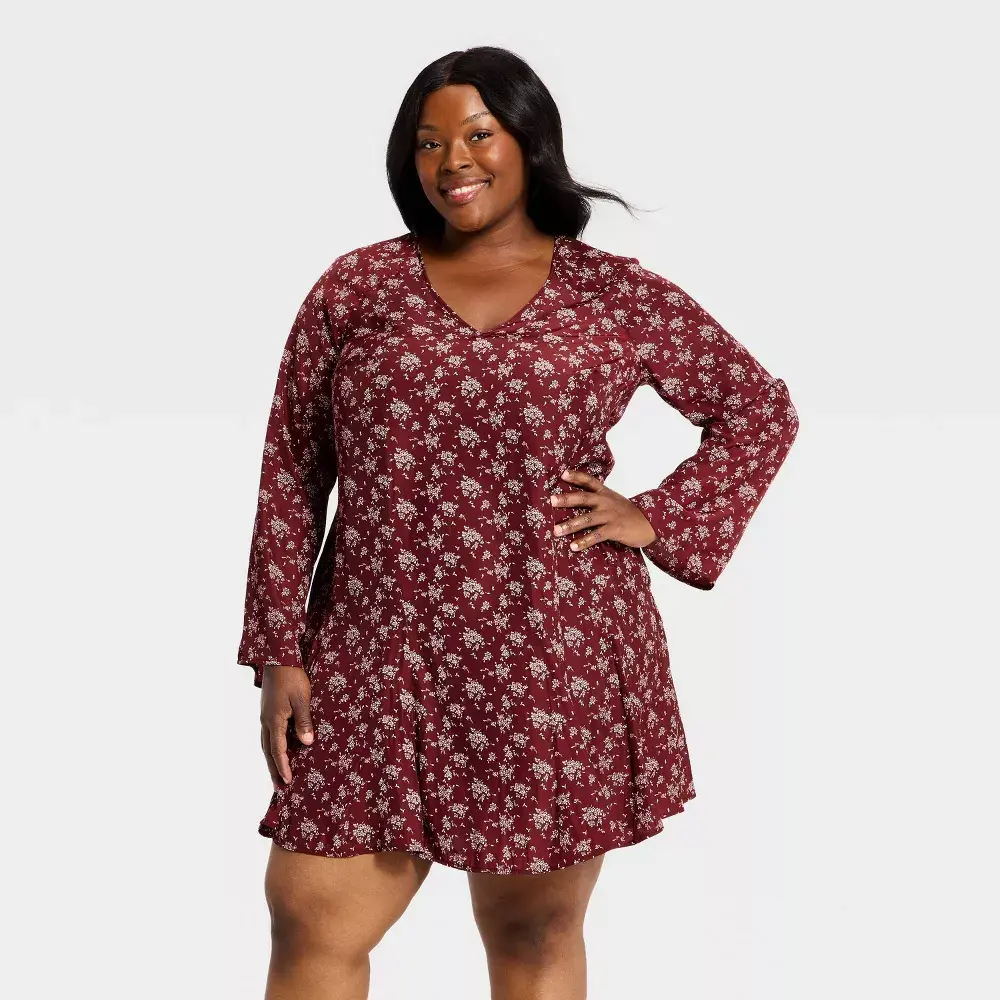 Universal Thread Women's Bell Sleeve V-Neck Mini A-Line Dress - Burgundy Floral
