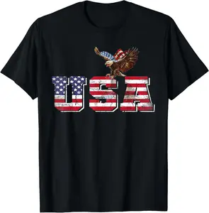 USA American Flag Patriotic 4th of July Eagle T-Shirt for Men Women Black Cotton Graphic Tee