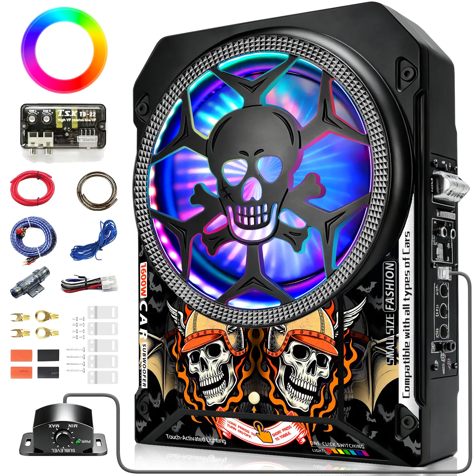 TANVSO 2026 Upgraded 10" 1600W Slim Under Seat Subwoofer with Built-in Amplifier, Touch & Switch LED Modes, Deep Bass, Dual-Mode Sound System Full Set, Rear Car Audio Component for Car-Truck-SUV-RV-Van