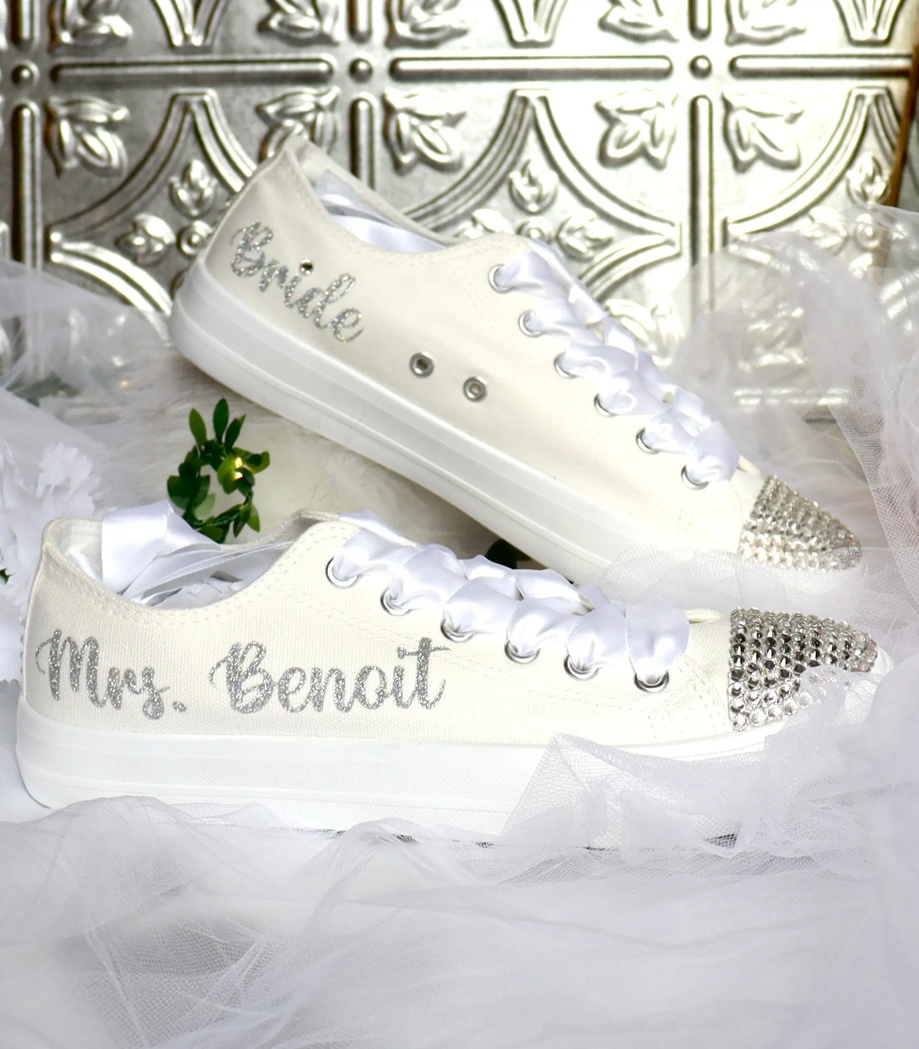 Bridal Silver Kicks Bedazzled Custom Wedding Shoes