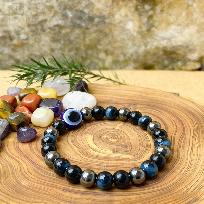 Evil Eye Design 3X Power Protection Bracelet for Women & Men, Tiger Eye & Hematite Stone Beads, Healing Crystal Jewelry Gift for Her and Him, Birthday Gifts
