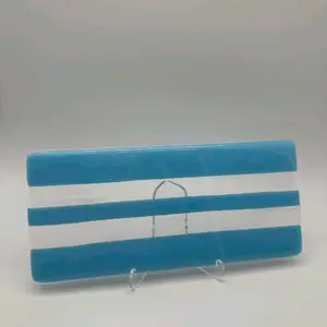 Handmade fused glass light blue and clear stripe serving tray.