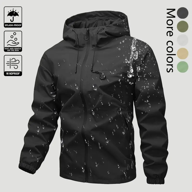 Men’s lightweight windproof softshell hooded jacket featuring a drawstring design, sporty casual style, front pocket and side zipper, suitable for spring and autumn and back-to-school season wear; long-sleeve style is ideal for outdoor activities in sprin